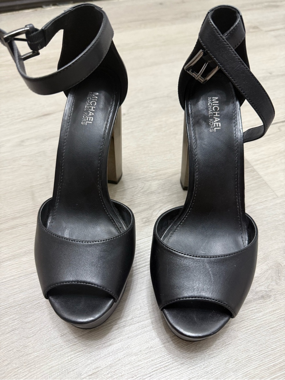 Michael Kors Black Leather Ankle-Strap Block Heels Original